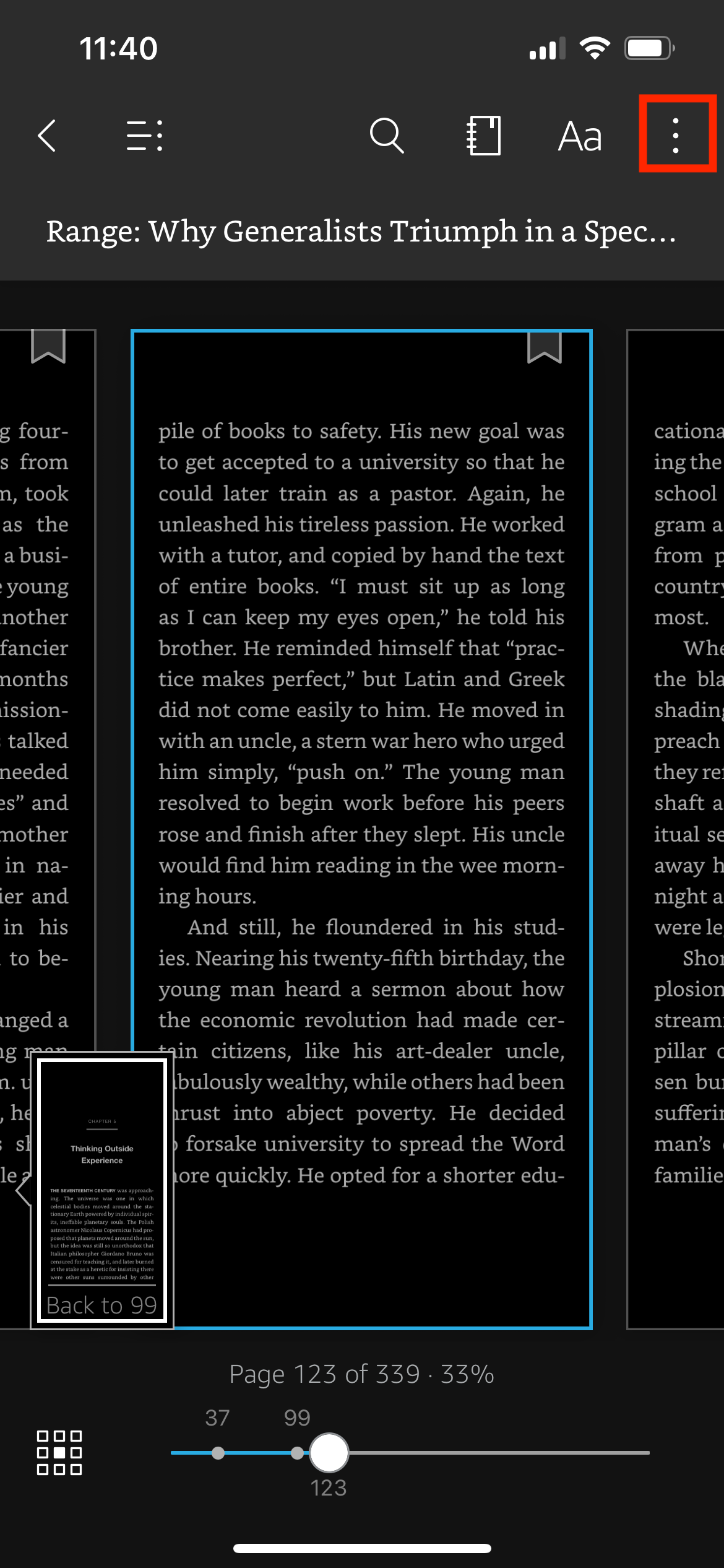 Step 1 - Open the book, tap the center of the screen and then on the Menu icon